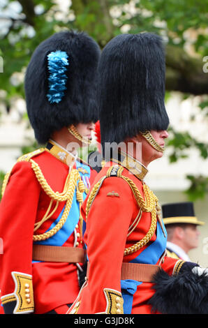 Die Farbe 2016 sah die Farbe Nr. 7 Unternehmen Coldstream Guards trabten, mit der königlichen Familie und militärischen Bands in der Mall London Stockfoto