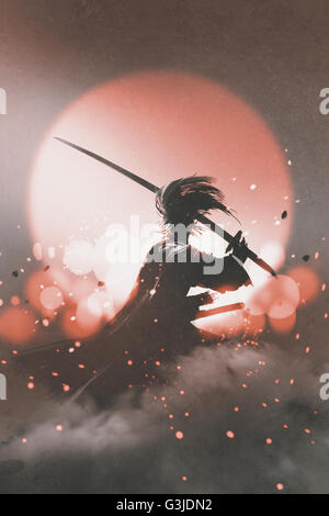 Samurai Schwert steht auf Sonnenuntergang Hintergrund, Illustration, Malerei Stockfoto