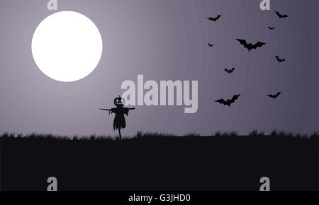 Silhouette der Vogelscheuche und Fledermaus Halloween Stock Vektor