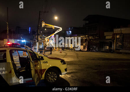 Sao Paulo, Brasilien. 11. April 2016. Bewohner von Vaz de Lima Garden halten Protest und Barrikaden mit Müll und Holz und feuern und Sperrung AV Comendador Antunes Dos Santos und andere Straßen im Süden von São Paulo zu machen. Die Demonstration war Vergeltung als Reaktion die letzte Aktion der Polizei auf der Stelle, wo ein junger Mann starb. © Fabrico Bomjardim/Pacific Press/Alamy Live-Nachrichten Stockfoto