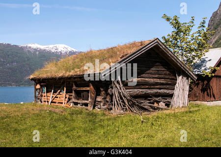 Alten lokalen Stil Bootshaus Norddal, am Golden route Ålesund, Ørskog, Vestre, Stordal, Eidsdal, Geiranger, Sunnmøre, Norwegen Stockfoto