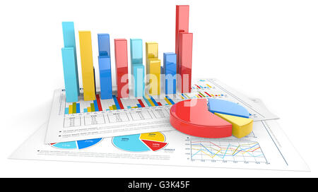 3D Render von Finanzdokumenten mit bunten Grafiken und Kreisdiagramme. Stockfoto