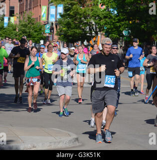 Läufer und Walker teilnehmen in 2016 Bolder Boulder 10K. Mehr als 50.000 beteiligen sich jedes Jahr. Stockfoto