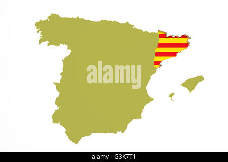 3D Darstellung der Karte mit Catalonia Flagge Kataloniens und Spanien Karte Stockfoto