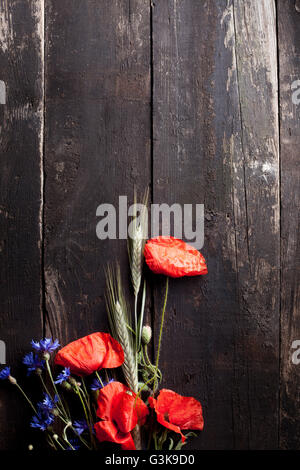 Roter Mohn, Kornblume und Roggen auf altem Holz, lag flach Stockfoto