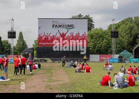 Wales-Fans in der Fanzone in Cardiff vor die Euro 2016 match zwischen Wales und der Slowakei.  Mark H Stockfoto