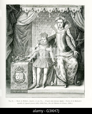 Die Bildunterschrift für diese Gravur lautet: Marie de Medicis, der Regent und ihr Sohn, Louis XIII von Frankreich. Das Bild basiert auf einem Print, das unterzeichnet wurde: Nicolas De La Mathoniere ausgeführt; F. Quesnel gemalt. Das Datum ist 1610. Marie (1575-1642) war die zweite Frau von Henri IV von Frankreich und somit Königin von Frankreich. Henri wurde das Haus von Bourbon. Sie war von dem wohlhabenden Haus von Medici in Italien. Ihr Ehemann wurde 1610 ermordet und sie diente als Regentin für ihren Sohn, bis ihr Sohn übernahm die Macht als er 17 war und sie ging ins Exil. Stockfoto