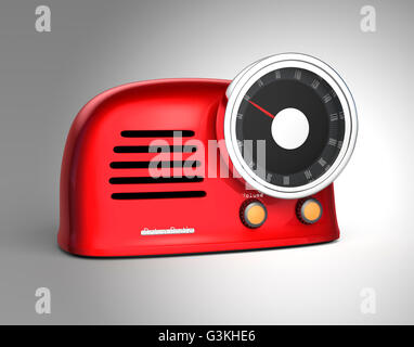 Metallic rot-Retro-Stil-Radio auf grauem Hintergrund isoliert. 3D-Rendering Bild mit Beschneidungspfad. Stockfoto