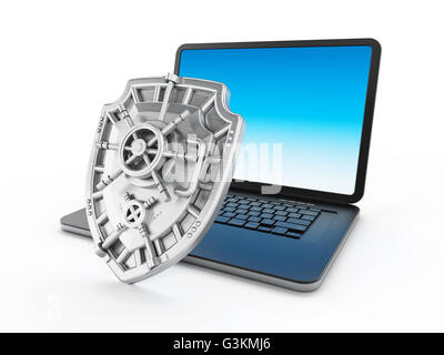 Eisen Schild schützen Laptop-Computer. 3D Illustration. Stockfoto