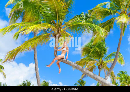 Junge Frau trägt Bikini sitzt an Spitze der Palme, Dominikanische Republik, Karibik Stockfoto