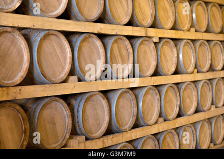 Abstellraum mit Fässern in der Dingle-Whisky-Destillerie in Dingle, County Kerry, Munster Provinz, Republik von Irland. Stockfoto