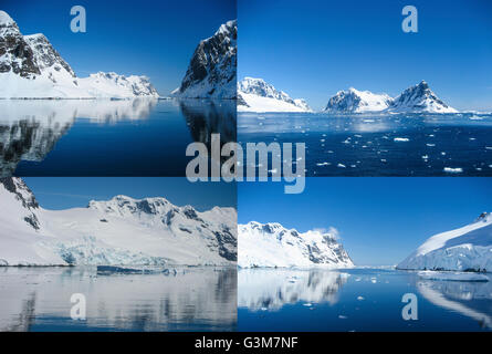 Atemberaubende antarktischen Landschaft mit den Lemaire-Kanal, mit seinem kristallklaren Wasser spiegelt die verschneiten Berge und Eisberge. Stockfoto