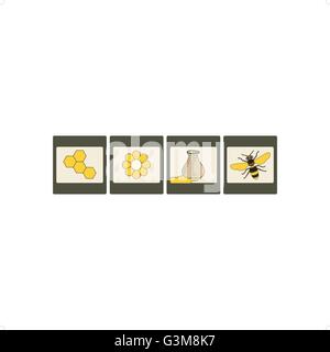 Cartoon-Stil Honig Symbolsatz mit Blumentopf Honigwaben und Biene-Vektor-Illustration isoliert auf weißem Hintergrund. Stock Vektor