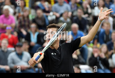 Stuttgart, Deutschland. 13. Juni 2016. Dominic Thiem Österreichs im Kampf gegen Philipp Kohlschreiber Deutschlands während des ATP-Turniers in Stuttgart, Deutschland, 13. Juni 2016. Die Partie, die am 12. Juni 2016 stattfinden sollen, musste wegen Regens verschoben werden. Foto: Marijan Murat/Dpa/Alamy Live News Stockfoto