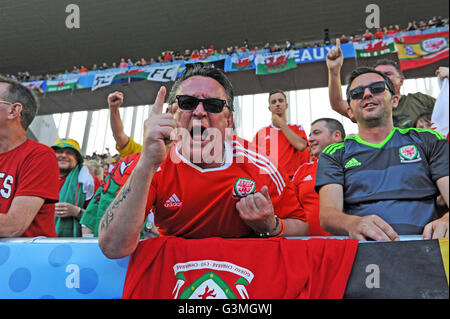 Walisischen Fußball-Fans feiern Sieg für Wales gegen die Slowakei in die Euro 2016 Gruppe B Befestigung an den Matmut Atlantique, Nouveau Stade de Bordeaux in Bordeaux, Frankreich am Samstag, 11. Juni 2016. Stockfoto