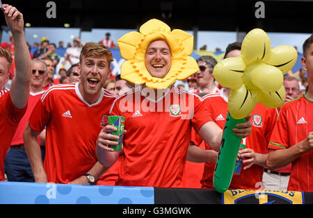 Walisischen Fußball-Fans feiern Sieg für Wales gegen die Slowakei in die Euro 2016 Gruppe B Befestigung an den Matmut Atlantique, Nouveau Stade de Bordeaux in Bordeaux, Frankreich am Samstag, 11. Juni 2016. Stockfoto