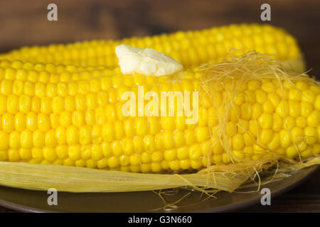 Nahaufnahme von gekochten Mais mit schmelzender Butter Frieden Stockfoto