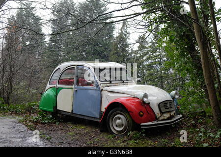 Eine ramponierte Citroen 2CV steht an der Seite von einem Wald Straße im Regen Stockfoto