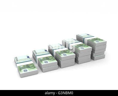 Bar-Graph-Diagramm. Euro-Banknoten, die isoliert auf weißem Hintergrund Stockfoto