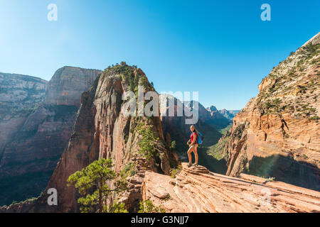 Wanderer am Aussichtspunkt, Angels Landing, Zion Canyon, Zion Nationalpark, Utah, USA Stockfoto