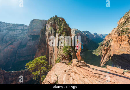 Wanderer am Aussichtspunkt, Angels Landing, Zion Canyon, Zion Nationalpark, Utah, USA Stockfoto