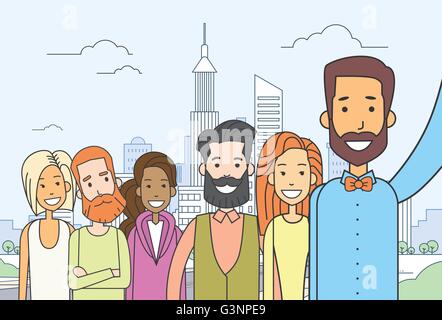 Diverse Leute Gruppe nehmen Selfie Foto Stadtansicht Stock Vektor