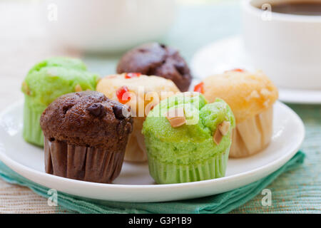 Auswahl an Muffins Vanille, Schokolade, pandan Stockfoto