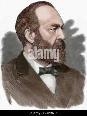 James Abram Garfield (1831-1881). US-amerikanischer Politiker der Republikanischen Partei. 20. Präsident der Vereinigten Staaten vom 4. März 1881, bis zu seiner Ermordung im selben Jahr. Porträt. Gravur. Farbige. Stockfoto