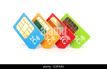 Satz von Farbe SIM-Karten mit 2g, 3g, 4g, 5g Technologie Symbol isoliert auf weißem Hintergrund. 3D Rendering-illustration Stockfoto