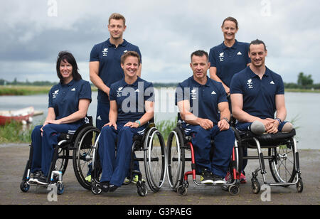 Links nach rechts, Großbritanniens Jeanette Chippington, Rob Oliver, Emma Wiggs, Ian Marsden, Anne Dickens und Nick Beighton während der Team-Bekanntgabe am Eton Dorney, Buckinghamshire. Stockfoto