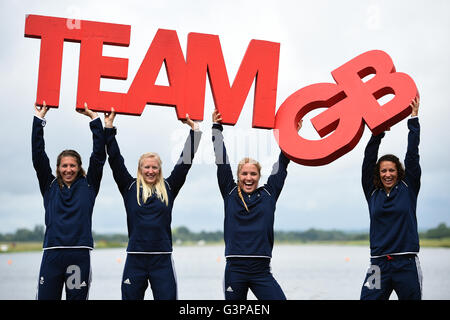 Von links nach rechts, Großbritanniens Jess Walker, Rachel Cawthorn, Rebeka Simon und Louisa Gurski bei der Team-Ankündigung bei Eton Dorney, Buckinghamshire. Stockfoto