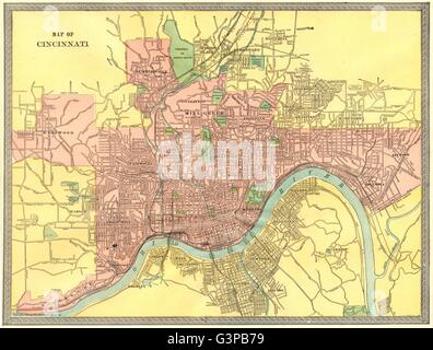 CINCINNATI-Stadt-Plan. Ohio, 1907 Antike Landkarte Stockfoto