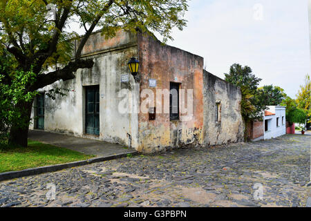Historische, traditionelle Häuser und gepflasterte Straße in der Altstadt von Colonia Del Sacramento, Uruguay. Stockfoto
