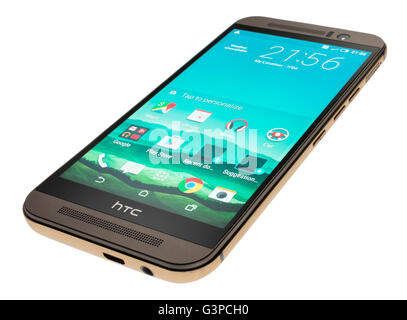 Handy HTC One M9. Smartphone aus Taiwan. Handy mit home Bildschirm und app-Icons. Stockfoto