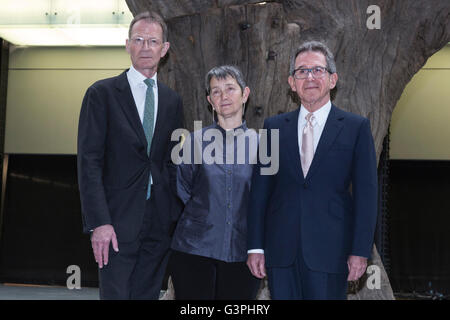 London, UK. 14. Juni 2016. L-r: Sir Nicholas Serota, Direktor der Tate, Frances Morris, Regisseur Tate Modern, Herr Braun, Vorsitzender Tate. Drücken Sie die Vorschau des neuen Gebäudes, das Schalter-Haus in der Tate Modern, die dieses Wochenende für die Öffentlichkeit zugänglich wird. Stockfoto