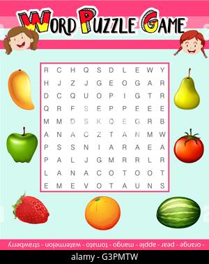 Word Puzzle-Spiel-Vorlage mit Obst Thema illustration Stock Vektor