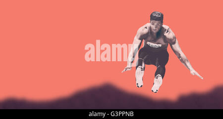 Vorderansicht der Sportler springt Stockfoto