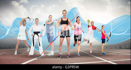 Zusammengesetztes Bild der Sportlerin Bogenschießen üben Stockfoto