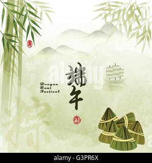 Chinese Dragon Boat Festival mit Reis Knödel Hintergrund chinesische Zeichen und Siegel bedeutet: Dragon Boat Festival Stock Vektor