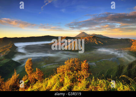 Mount Bromo Vulkan bei Sonnenaufgang, befindet sich die herrliche Aussicht auf Mt. Bromo im Bromo Tengger Semeru National Park, Ost-Java, Stockfoto