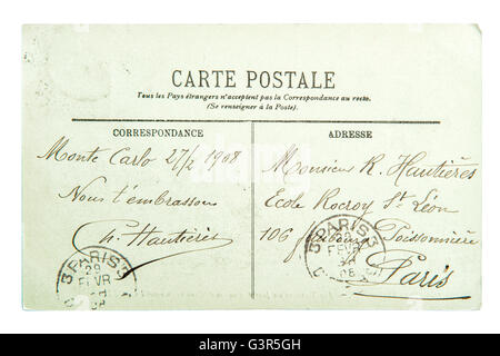 Kalligraphische handschriftliche französische Postkarte mit Vintage unleserlicher Text. Grunge Hintergrund Stockfoto