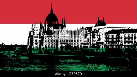 Schwarze Silhouette des ungarischen Parlaments - voller Nationalfarben Orszaghaz in Budapest. Vektorgrafik. Ungarische Flagge. TR Stock Vektor