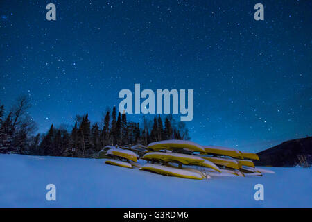 Winterzauber-Nacht in Mont-Tremblant Nationalpark, Quebec. Stockfoto