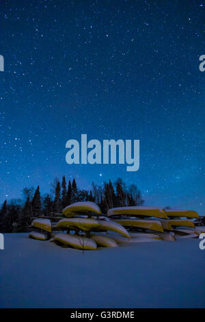 Winterzauber-Nacht in Mont-Tremblant Nationalpark, Quebec. Stockfoto