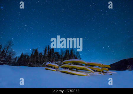 Winterzauber-Nacht in Mont-Tremblant Nationalpark, Quebec. Stockfoto