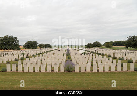 Reihen von Grabsteinen in der CWGC St Marys Advanced Dressing Station Friedhof, Haisnes, Pas-De-Calais, Frankreich. Stockfoto