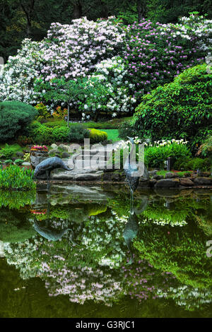 Frühling Blüte Reflexionen im Lily Pond im Shore Acres State Park Botanical Garden im Süden Oregons Küste. Stockfoto