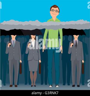 Ein sehr großer lächelnder Mann stehend ein eine Menschenmenge gesichtslosen Unternehmen unter schwarzen Regenschirmen, sein Kopf ist über den Wolken Stock Vektor