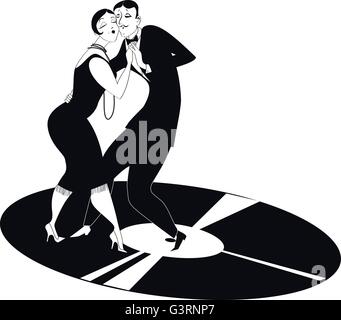 Lustige Comic-Paare tanzen Tango auf einer Schallplatte, schwarz-weiß Vektor clipart Stock Vektor