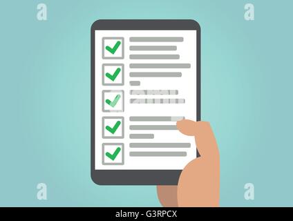 Erledigte Aufgaben auf to-do-Liste-Konzept mit Kontrollen auf Tablet-Bildschirm statt mit der hand angezeigt. Stock Vektor